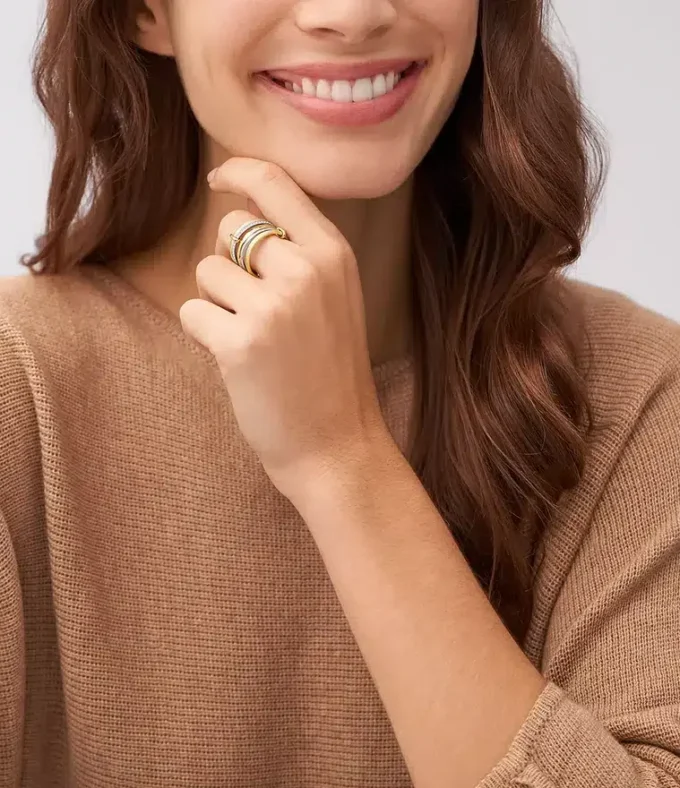 Anello Prestack Harlow in acciaio inossidabile bicolore con texture lineare