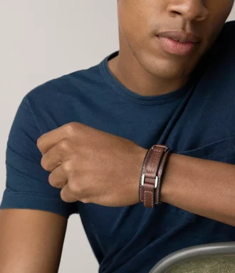 Bracciale Machine in acciaio inossidabile resistente e cinturino in pelle imbottita marrone