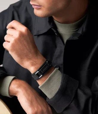 Bracciale Machine in acciaio inossidabile resistente e pelle imbottita nera