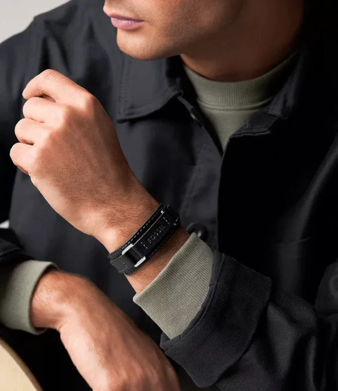 Bracciale Machine in acciaio inossidabile resistente e pelle imbottita nera