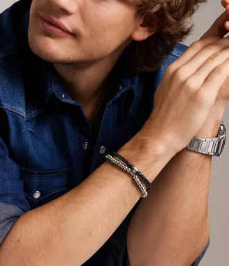 Bracciale multistrato in pelle nera con perline Townsman