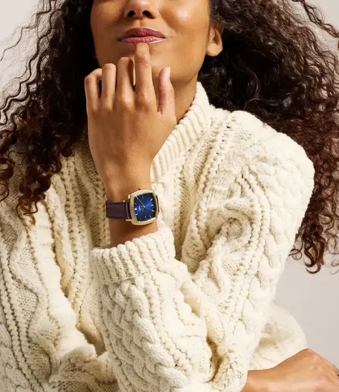 Nick Jonas x Fossil Machine Luxe Blue Vignette Orologio a tre lancette in pelle di coccodrillo marrone