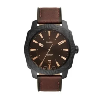 Orologio con cinturino in pelle LiteHide™ marrone scuro, tre lancette e datario