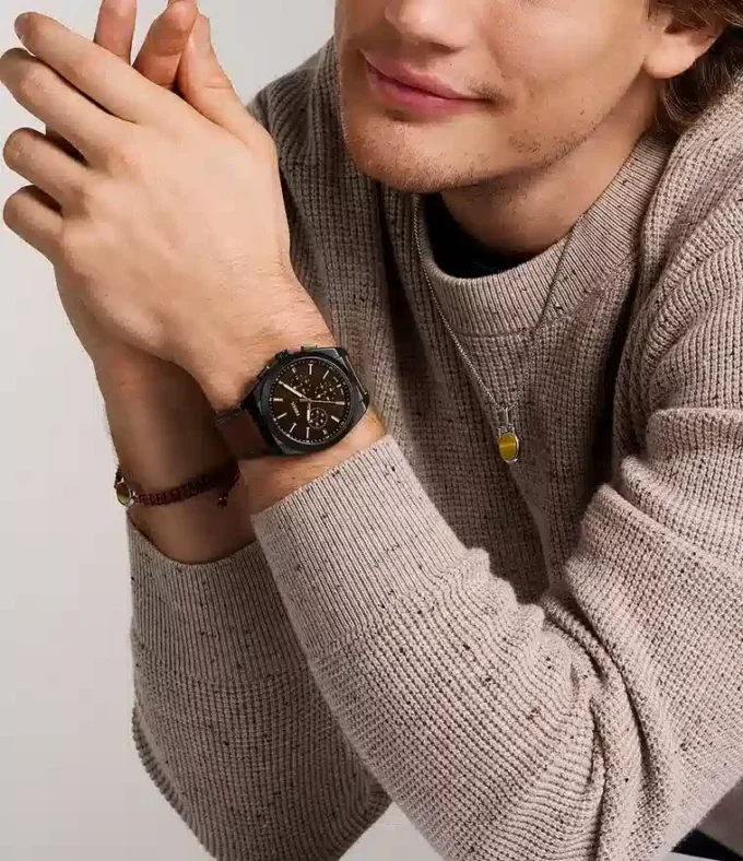 Orologio cronografo Everett in pelle marrone