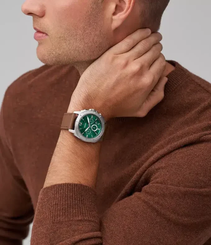 Orologio cronografo Privateer in pelle marrone