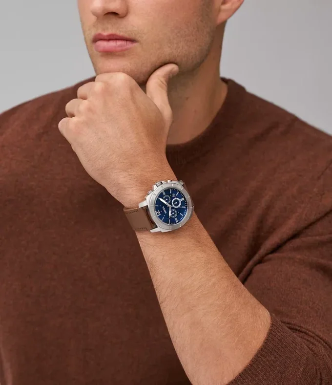Orologio cronografo Privateer in pelle marrone