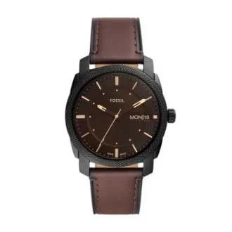 Orologio meccanico a tre lancette con datario e cinturino in pelle marrone