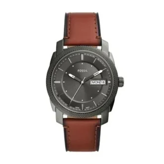 Orologio meccanico a tre lancette con datario e cinturino in pelle marrone