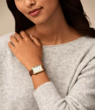 Orologio Raquel con tre lancette e datario in pelle marrone medio
