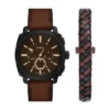 Set cronografo con cinturino in pelle marrone e bracciale