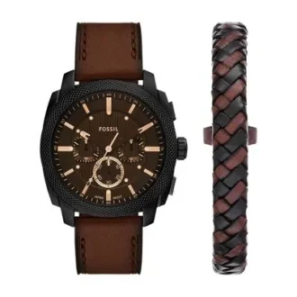 Set cronografo con cinturino in pelle marrone e bracciale