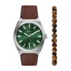 Set orologio e bracciale Everett a tre lancette con data in pelle marrone