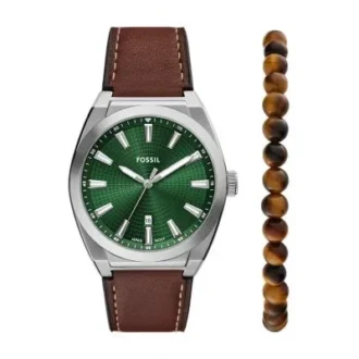 Set orologio e bracciale Everett a tre lancette con data in pelle marrone