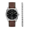 Set orologio e bracciale Machine a tre lancette con data in pelle marrone