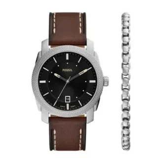Set orologio e bracciale Machine a tre lancette con data in pelle marrone