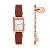 Set orologio e bracciale Raquel con tre lancette e datario in pelle marrone medio