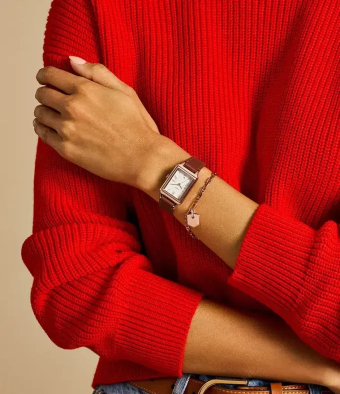 Set orologio e bracciale Raquel con tre lancette e datario in pelle marrone medio